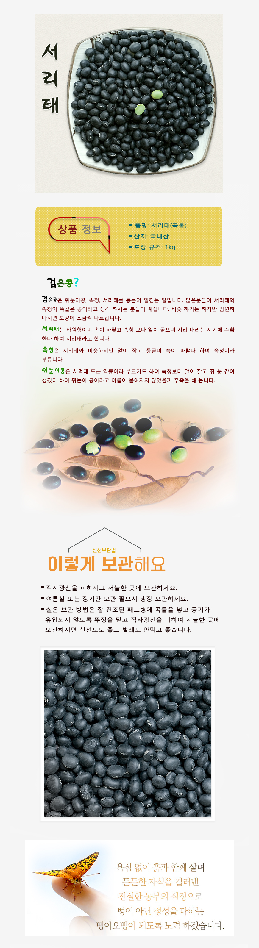 서리태 상품 정보 품명: 서리태(곡물) 산지: 국내산 포장 규격: 1kg 검은콩? 검은콩은 쥐눈이콩, 속청, 서리태를 통틀어 일컽는 말입니다. 많은분들이 서리태와 속청이 똑같은 콩이라고 생각 하시는 분들이 계십니다. 비슷 하기는 하지만 엄연히 따지면 모양이 조금씩 다르답니다. 서리태는 타원형이며 속이 파랗고 속청 보다 알이 굵으며 서리 내리는 시기에 수확한다 하여 서리태라고 합니다. 속청은 서리태와 비슷하지만 알이 작고 둥글며 속이 파랗다 하여 속청이라 부릅니다. 쥐눈이콩은 서먹태 또는 약콩이라 부르기도 하며 속청보다 알이 잘고 쥐 눈 같이 생겼다 하여 쥐눈이 콩이라고 이름이 붙여지지 않았을까 추측을 해 봅니다. 이렇게 보관해요 직사광선을 피하시고 서늘한 곳에 보관하세요 여름철 또는 장시간 보관 필요시 냉장 보관하세요. 실온 보관 방법은 잘 건조된 패트병에 곡물을 넣고 공기가 유입되지 않도록 뚜껑을 닫고 직사광선을 피하여 서늘한 곳에 보관하시면 신선도도 좋고 벌레도 안먹고 좋습니다 뻥이오뻥 욕심 없이 흙과 함께 살며 든든한 자식을 길러낸 진실한 농부의 심정으로 뻥이 아닌 정성을 다하는 뻥이오뻥이 되도록 노력 하겠습니다.